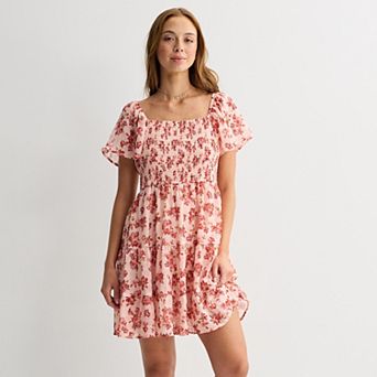 Juniors' Rewind Smocked Flutter Sleeve Skater Dress