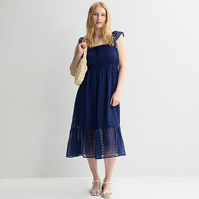 Juniors' Rewind Smocked Tie Front Midi Dress