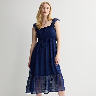 juniors midi dresses Juniors' Rewind Smocked Tie Front Midi Dress, Girl's, Size: Medium, Beyond Navy