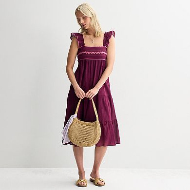 Juniors' Rewind Embroidered Flutter Strap Midi Dress