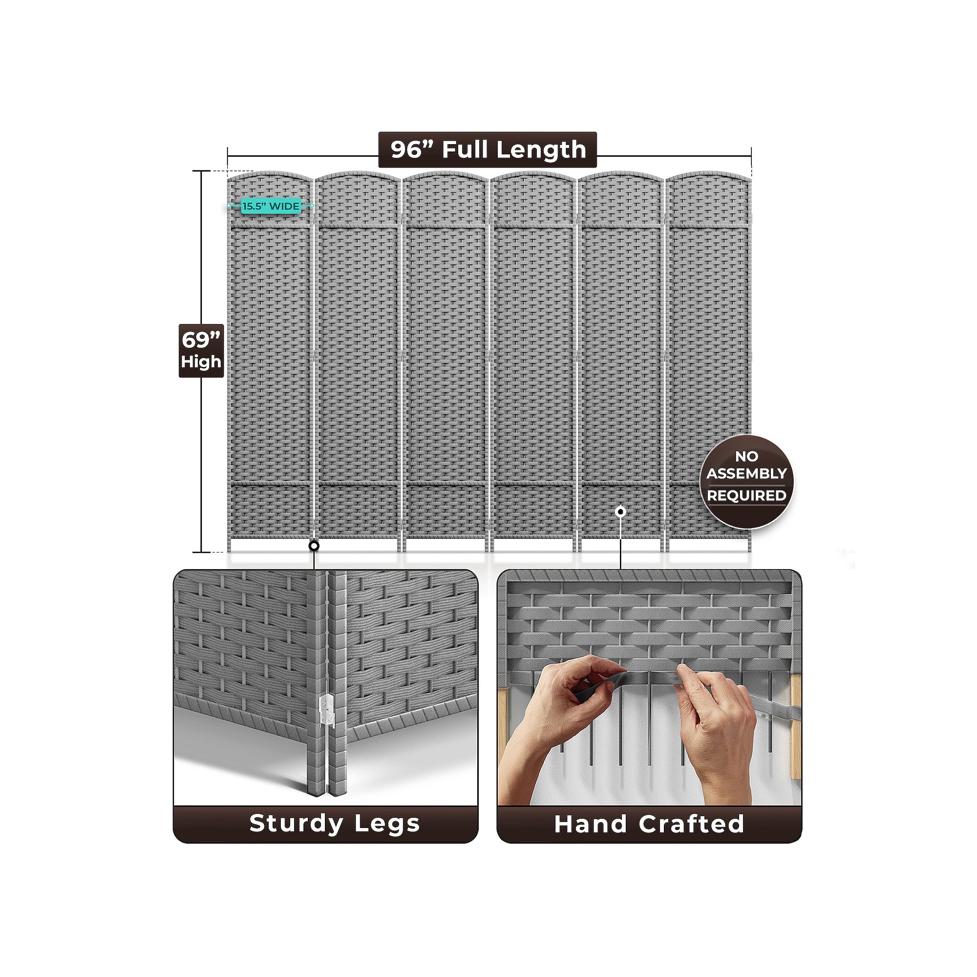Room divider dimensions: 96" full length and 69" high with 15.5" wide panels