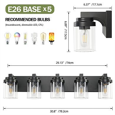 30.8 in. 5-Light Matte Black Wall Sconce with Clear Glass Shade