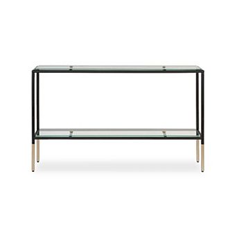 Beny Sofa Console Table, 48 Inch Glass Top, 1 Shelf, Modern Black Iron