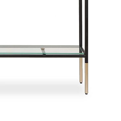 Beny Sofa Console Table, 48 Inch Glass Top, 1 Shelf, Modern Black Iron