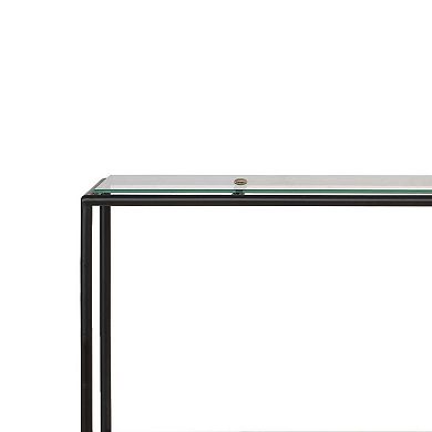 Beny Sofa Console Table, 48 Inch Glass Top, 1 Shelf, Modern Black Iron