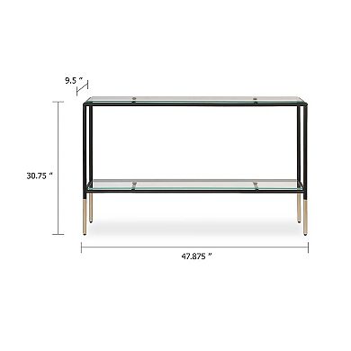 Beny Sofa Console Table, 48 Inch Glass Top, 1 Shelf, Modern Black Iron