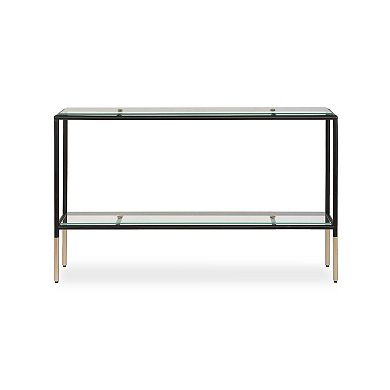 Beny Sofa Console Table, 48 Inch Glass Top, 1 Shelf, Modern Black Iron