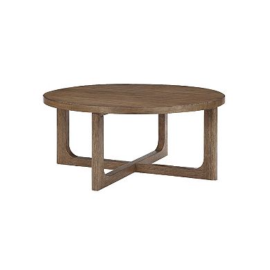 Bly Coffee Table, 42 Inch Round Top, Open X-Base Design, Light Brown