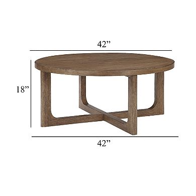 Bly Coffee Table, 42 Inch Round Top, Open X-Base Design, Light Brown