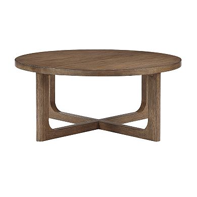 Bly Coffee Table, 42 Inch Round Top, Open X-Base Design, Light Brown