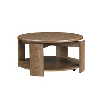 Eli Coffee Table, 40 Inch Round Swivel Top, Lower Open Shelf, Brown