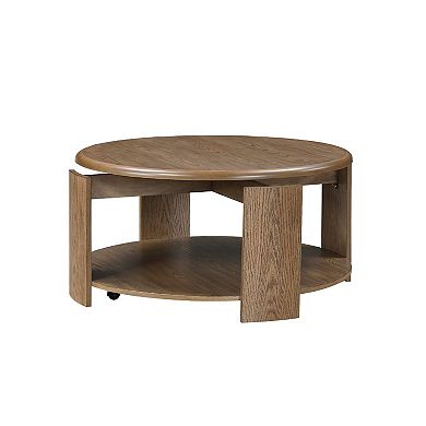 Eli Coffee Table, 40 Inch Round Swivel Top, Lower Open Shelf, Brown