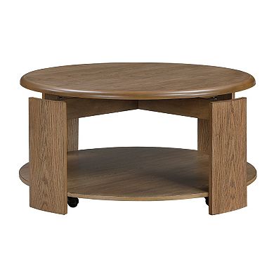 Eli Coffee Table, 40 Inch Round Swivel Top, Lower Open Shelf, Brown
