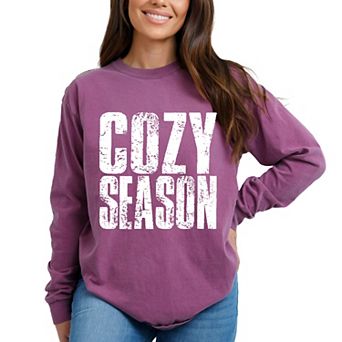 Cozy Season Block Distressed White - Women's Garment Dyed Long Sleeve Graphic T-Shirt