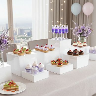 White Acrylic Buffet Risers, 6-Piece Nesting Display Stand with Hollow Bottoms for Food & Dessert