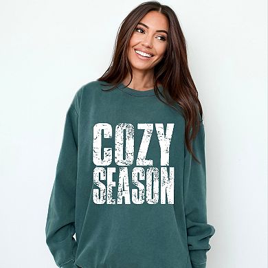 Cozy Season Block Distressed White - Women's Garment Dyed Graphic Sweatshirt