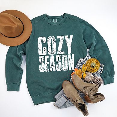Cozy Season Block Distressed White - Women's Garment Dyed Graphic Sweatshirt