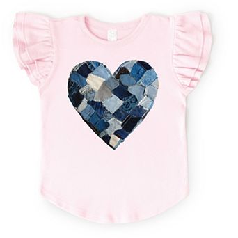 Demin Heart Print - Flutter Sleeve Graphic T-Shirt