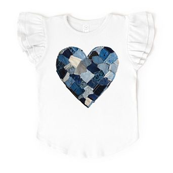 Demin Heart Print - Flutter Sleeve Graphic T-Shirt