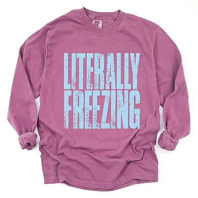 Literally Freezing Block Distressed - Women's Garment Dyed Long Sleeve Graphic T-Shirt