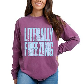 Literally Freezing Block Distressed - Women's Garment Dyed Long Sleeve Graphic T-Shirt