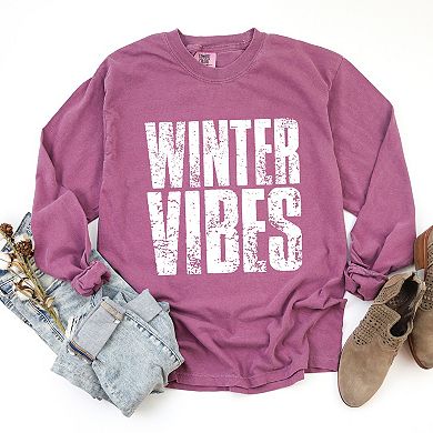 Winter Vibes Block Distressed - Women's Garment Dyed Long Sleeve Graphic T-Shirt