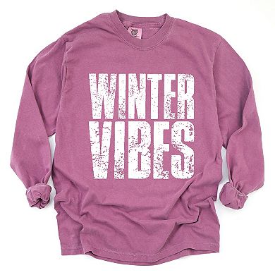 Winter Vibes Block Distressed - Women's Garment Dyed Long Sleeve Graphic T-Shirt