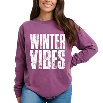 Winter Vibes Block Distressed - Women's Garment Dyed Long Sleeve Graphic T-Shirt