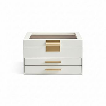 Three Layer Jewelry Storage Box with Glass Lid and Two Drawers Modern Style