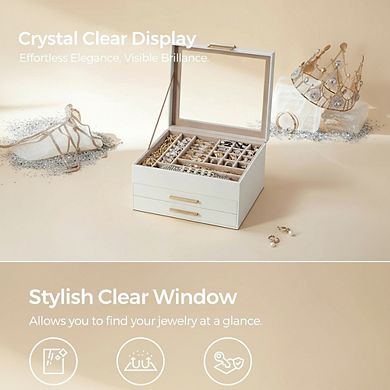 Three Layer Jewelry Storage Box with Glass Lid and Two Drawers Modern Style