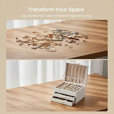 Three Layer Jewelry Storage Box with Glass Lid and Two Drawers Modern Style