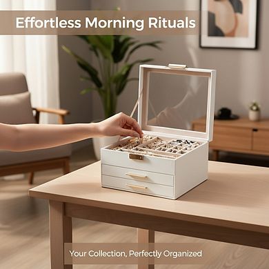 Three Layer Jewelry Storage Box with Glass Lid and Two Drawers Modern Style
