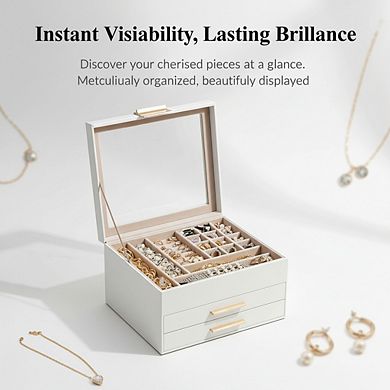 Three Layer Jewelry Storage Box with Glass Lid and Two Drawers Modern Style