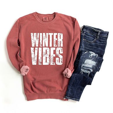 Winter Vibes Block Distressed - Women's Garment Dyed Graphic Sweatshirt