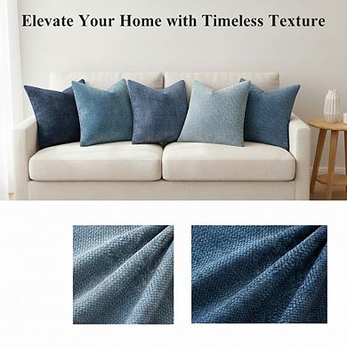 Farmhouse Boho Pillow Covers, Neutral Blue Chenille, 18x18 Inches, Pack of 4