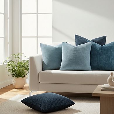 Farmhouse Boho Pillow Covers, Neutral Blue Chenille, 18x18 Inches, Pack of 4