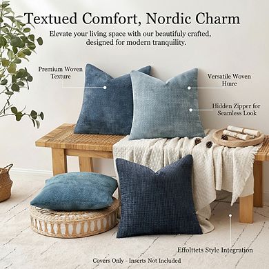 Farmhouse Boho Pillow Covers, Neutral Blue Chenille, 18x18 Inches, Pack of 4
