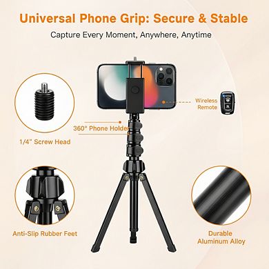 86 Inch Tall Phone Tripod with Flexible Gooseneck and Remote for Selfies