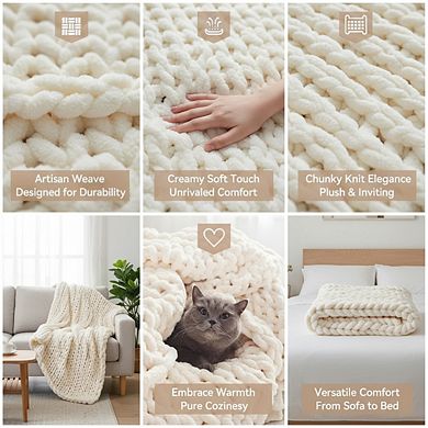 Chunky Knit Throw Blanket Handmade with Chenille Yarn Machine Washable