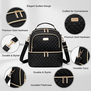 AKSZRI Double Decker Insulated Lunch Bag - Leakproof Cooler Tote with Adjustable Strap for Women