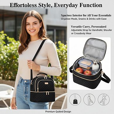 AKSZRI Double Decker Insulated Lunch Bag - Leakproof Cooler Tote with Adjustable Strap for Women