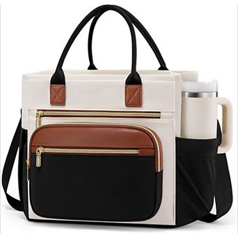 AKSZRI Insulated Women's Lunch Bag, Leakproof Wide Opening Tote with Adjustable Strap & Cup Holder