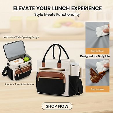 AKSZRI Insulated Women's Lunch Bag, Leakproof Wide Opening Tote with Adjustable Strap & Cup Holder