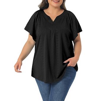 Women's Plus Size Top Notch V Neck Short Sleeve Eyelet Embroidery t Shirts Casual Hollow Out Blouse