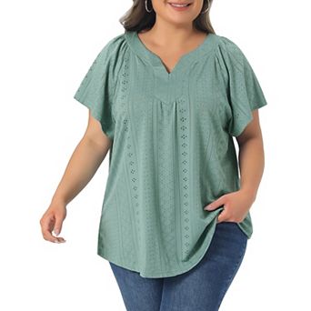 Women's Plus Size Top Notch V Neck Short Sleeve Eyelet Embroidery t Shirts Casual Hollow Out Blouse