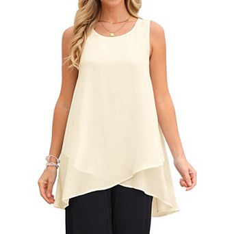 Women's High Low Top Casual Sleeveless Chiffon Blouse Crewneck Asymmetrical Loose Shirt Summer Tops