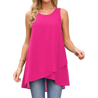 Women's High Low Top Casual Sleeveless Chiffon Blouse Crewneck Asymmetrical Loose Shirt Summer Tops