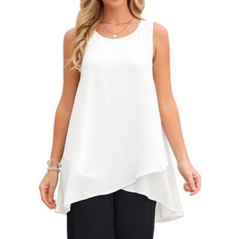 Women's High Low Top Casual Sleeveless Chiffon Blouse Crewneck Asymmetrical Loose Shirt Summer Tops