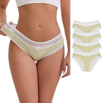 Women's Mid-Rise Cotton Lace Trim Underwear Elastic Comfortable Printed Striped Briefs 5 Packs