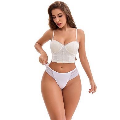 Women's Low Rise Ice Silk Lace Elastic Thong Striped Breathable Seamless Underwear